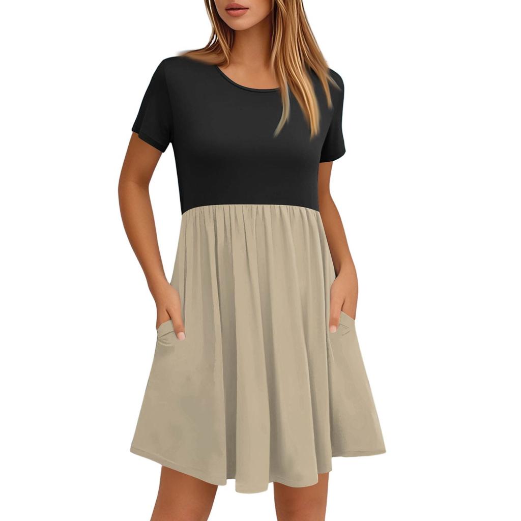 Women's Fashion Casual Loose Round Neck Short Sleeve Colour Block Pocket Dresses