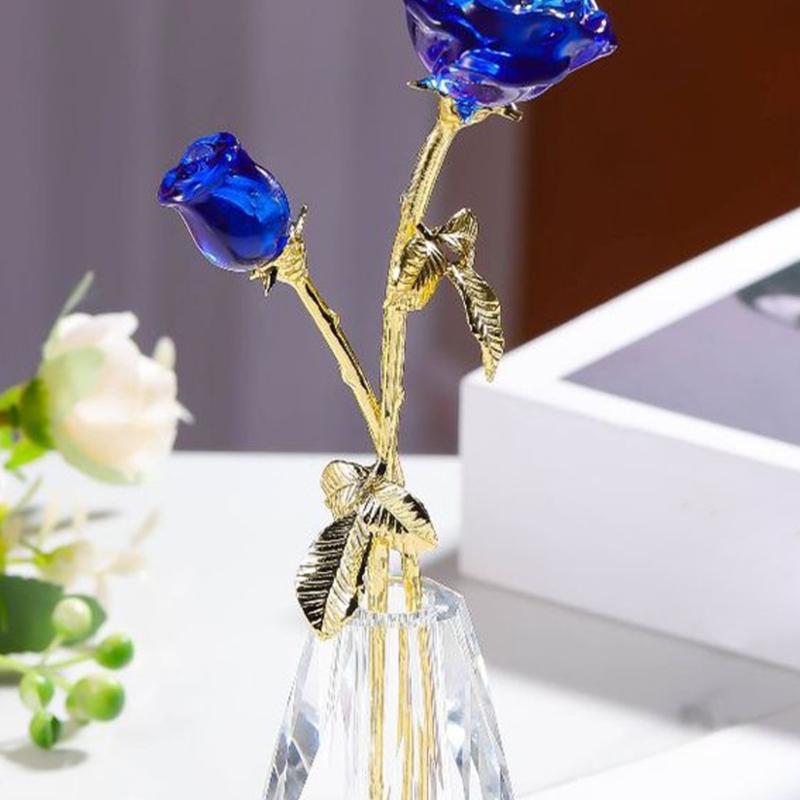 Crystal Rose Sculpture with Vase Collectible Flower Ornament Wedding Anniversary Gift for Home Decoration Accent