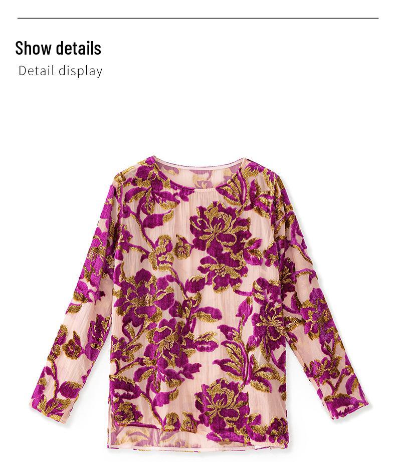 Luxury Women's Long Sleeve Flocked Top with Bright Silk Burnout Design