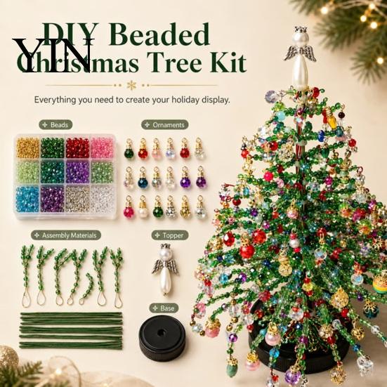 Beaded Christmas Tree Kit DIY Kit, Handmade with LED Lights, Holiday Craft Supplies Project, Bead Crafting for Adults, Home Festive Centerpiece Party