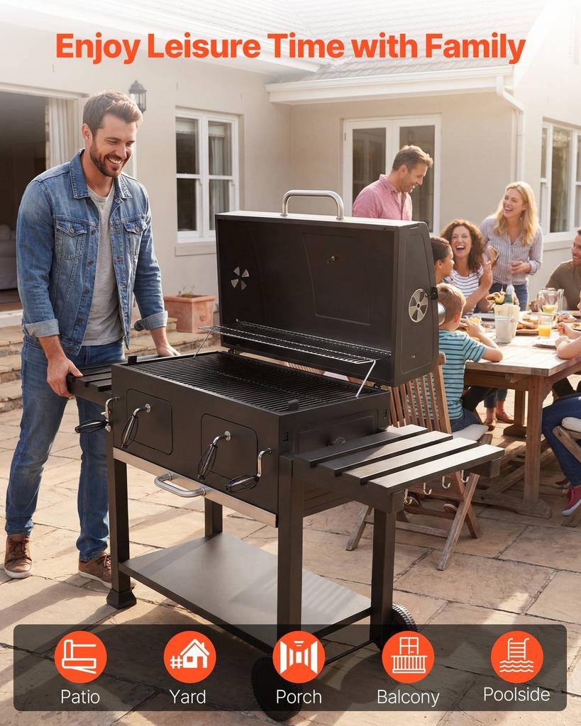 Charcoal Grill, 0.5 m² Large Charcoal Barbecue Grill with 2 Liftable Charcoal Trays & Folding Side Tables, High-Temp Powder-Coated Steel BBQ Cooking