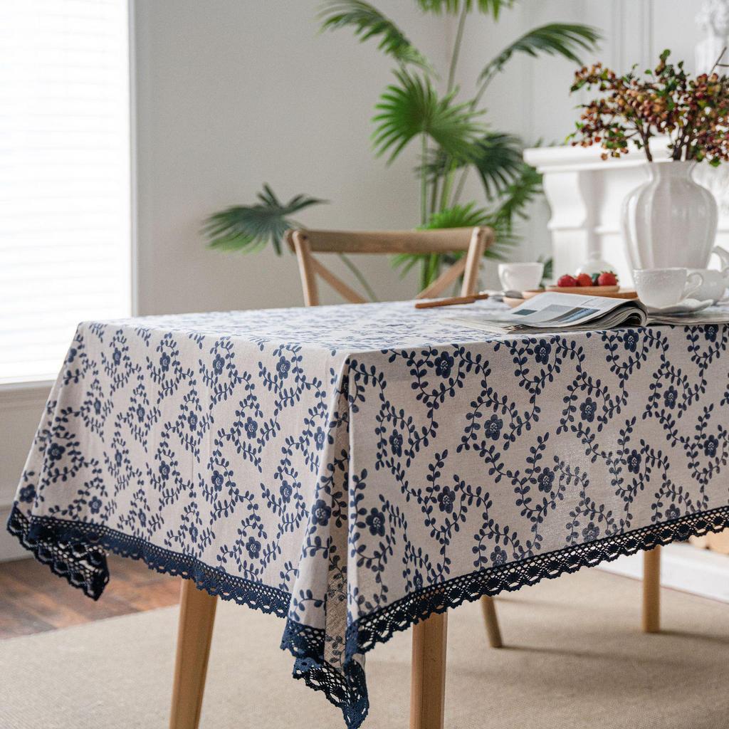 Imanqi Yiyun Blue Rose Pastoral Cotton Linen Tablecloth with Lace Edge