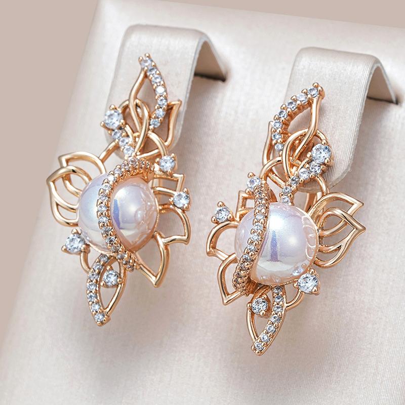 Luxury  Rose Gold Drop Earrings For Women Unique Geometric Hollow Bridal Accessories Natural Zircon Pearl Jewelry Gift