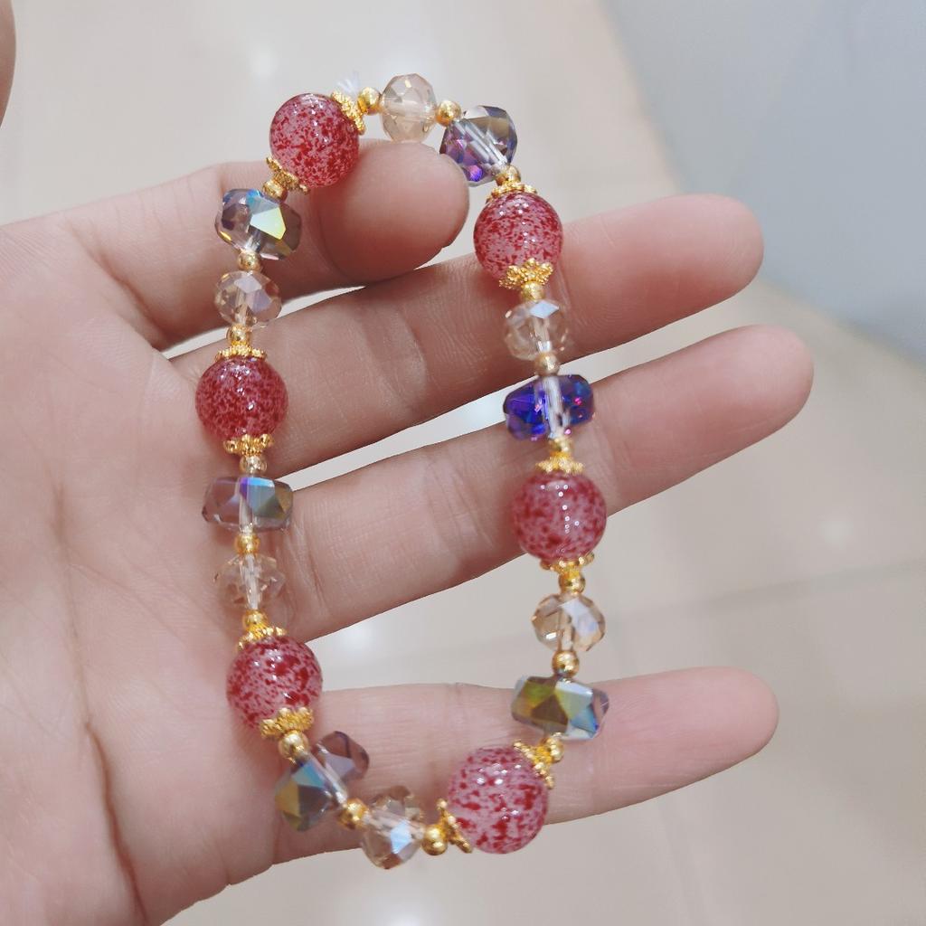 Natural Strawberry Crystal Bracelets For Women Light Luxury Pink String Beaded Elastic Bangles Party Jewelry Gift