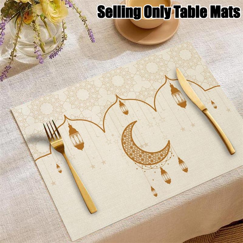 4/2 Stück Happy Ramadan Laterne und Mond Tischsets Festliche Atmosphäre Dekoration Leinen Tischgeschirr Matte Hitzebeständig
