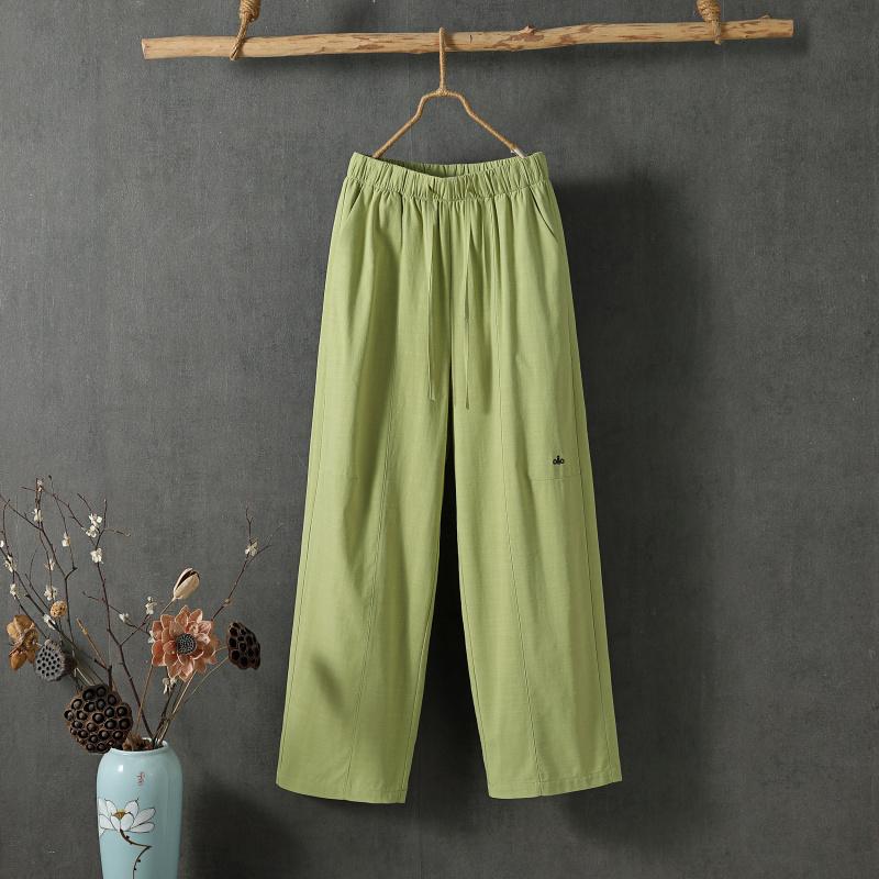 Women Summer Cotton Hemp Cropped Pants Mid-Rise Elastic Waistband Casual Pants Solid Color