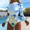 Women Long Sleeve One Piece Swimsuit Zip Front  Flower Print Rash Guard Surfing Bathing Suit