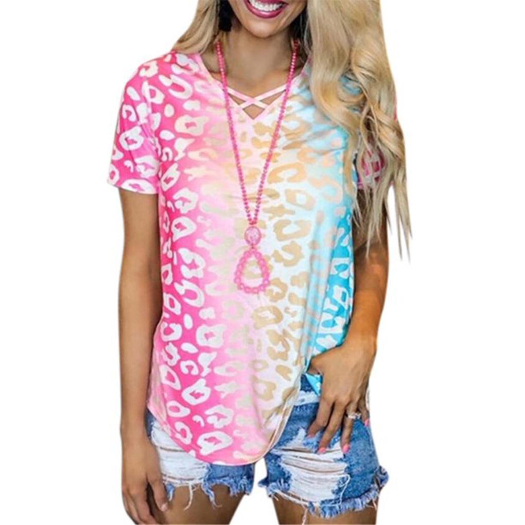 Women Tie Dyed Leopard Printed V Neck Short Sleeve Shirt