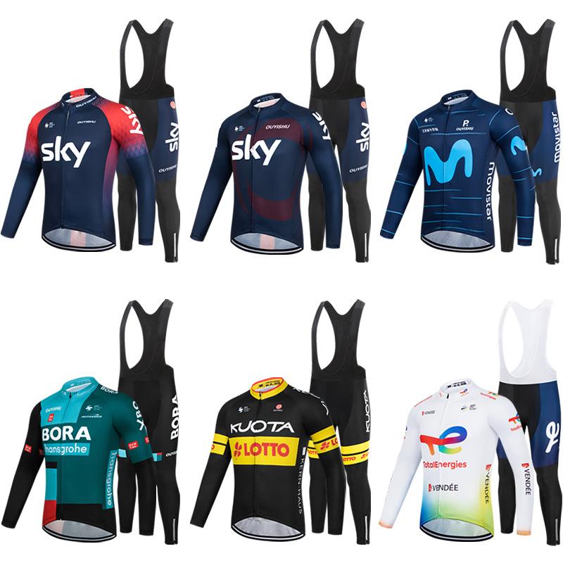 Tour De France, Strap Long Sleeve Cycling Suit Set Winter Warm Fleece Cycling Shirt Cycling Top Pants