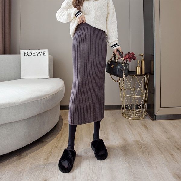 Thickened Knitted Half Skirt with Female Rear Fork Pit Clause Hip Wrapping High Waist Straight Tube Purple Knitted Skirt
