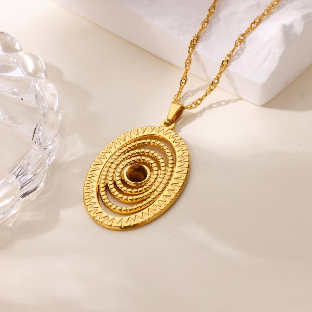 Stainless Steel Cat Eye Stone Threaded Necklace For Women Men Gold Color Oval Pendant Necklace Vintage Jewelry Accessories