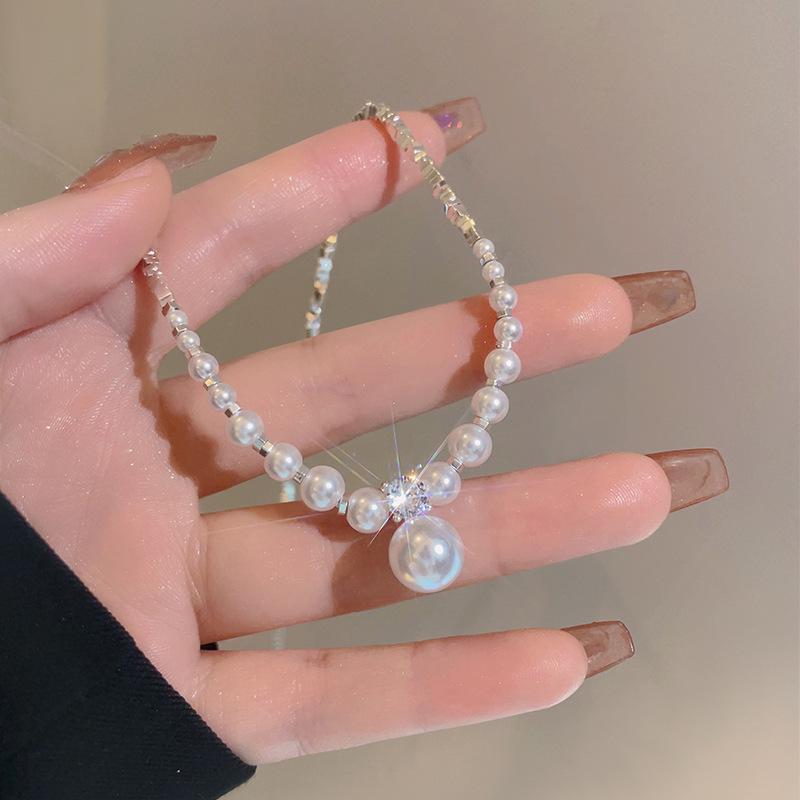 Silver Pearl Beaded Pendant Necklace - Elegant Sweater Chain for Women