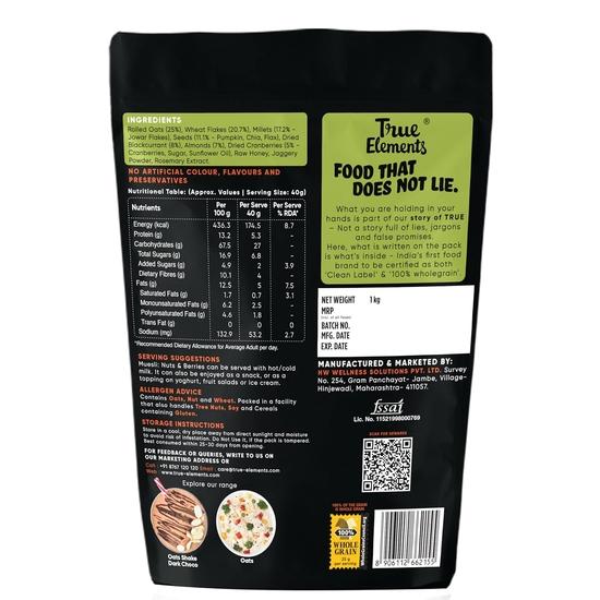 True Elements Crunchy Nuts & Berries Muesli, Almonds& Cranberries 1kg - Muesli Nuts Delight - 30% Berries | Protein Muesli| Healthy Breakfast
