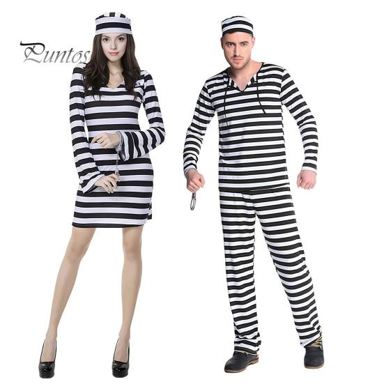 Prisoner Costume with Cuffs for Adult, Women Striped Mini Dress, Men Top Themed Party Costumes Pants, Halloween Dress-Up Jail Inmate Uniform