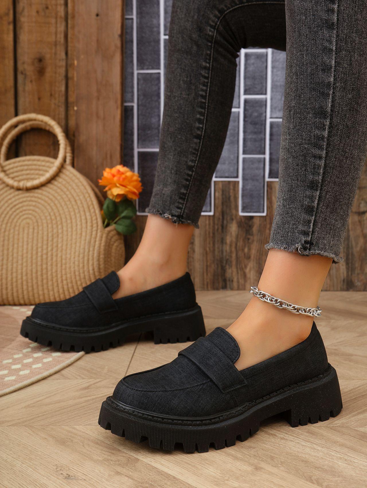 

2025 autumn new thick-soled one-pedal retro versatile casual single shoes women s canvas surface large size foreign trade loafers 35 чёрный