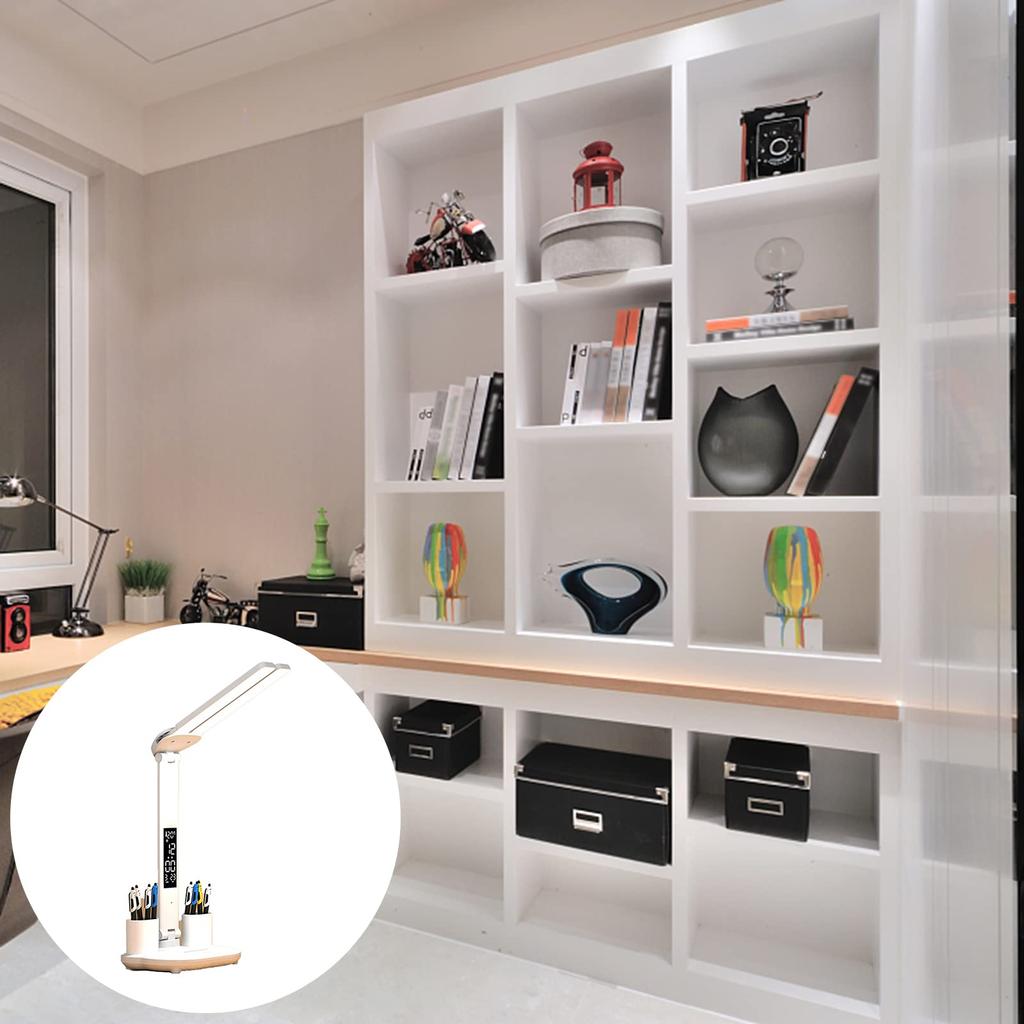 LED Desk Lamp with Pen/Phone Holder Rechargeable Dual Head Study Desk Lamp Digital Clock Desk Lamp Night Light with 3 Color Modes Touch Control