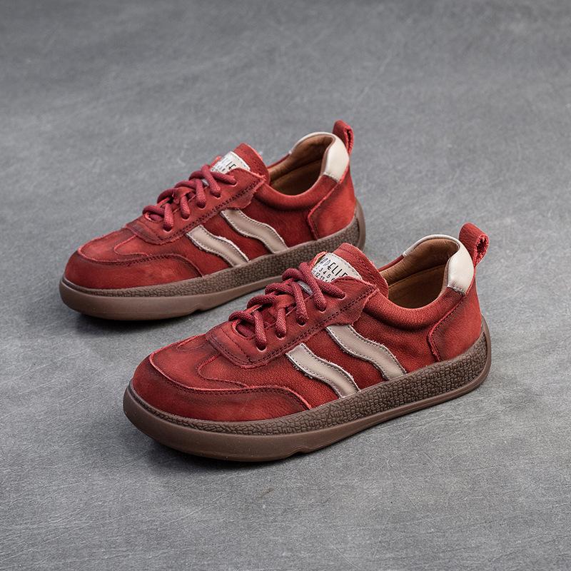 Johnature Farbige Sneakers Bequeme flache Schnürschuhe Retro Echtleder Casual Damenschuhe