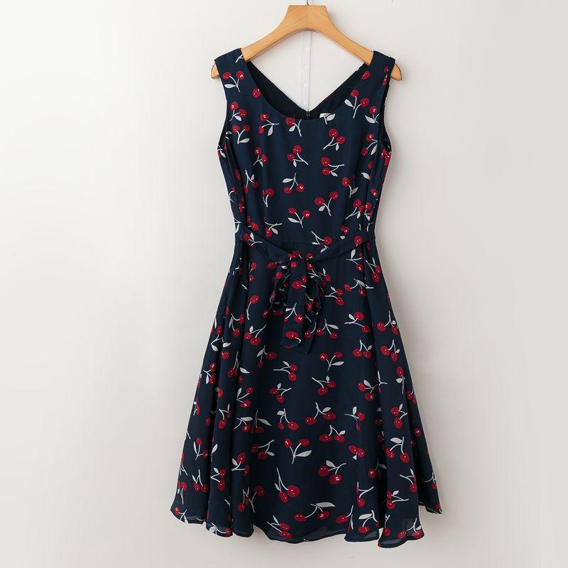 

Summer Export K-style New Fresh Age-Reducing Youth Popularity round Neck Sleeveless Vest Dress Navy blue fruit flower 82/M