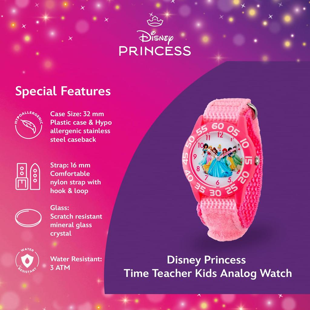 Disney W001990 Princess Time Teacher Watch with Pink Nylon Band Kids'