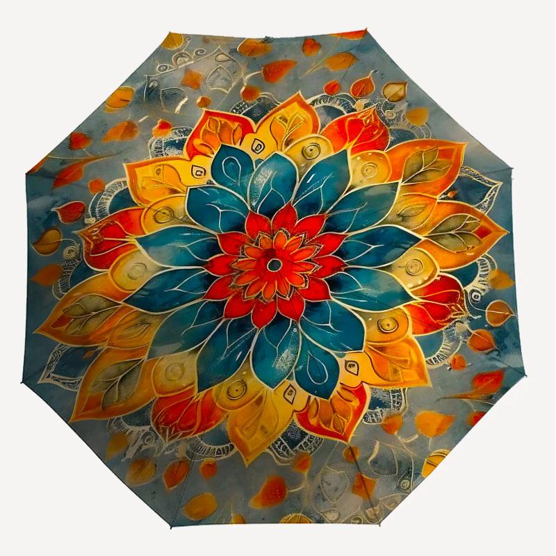 1pc Mandala Leaves Automatic Open/Close Umbrella Compact Folding Umbrella with 8-Rib Shaft for Women/Men, Elegant Birthday1326S