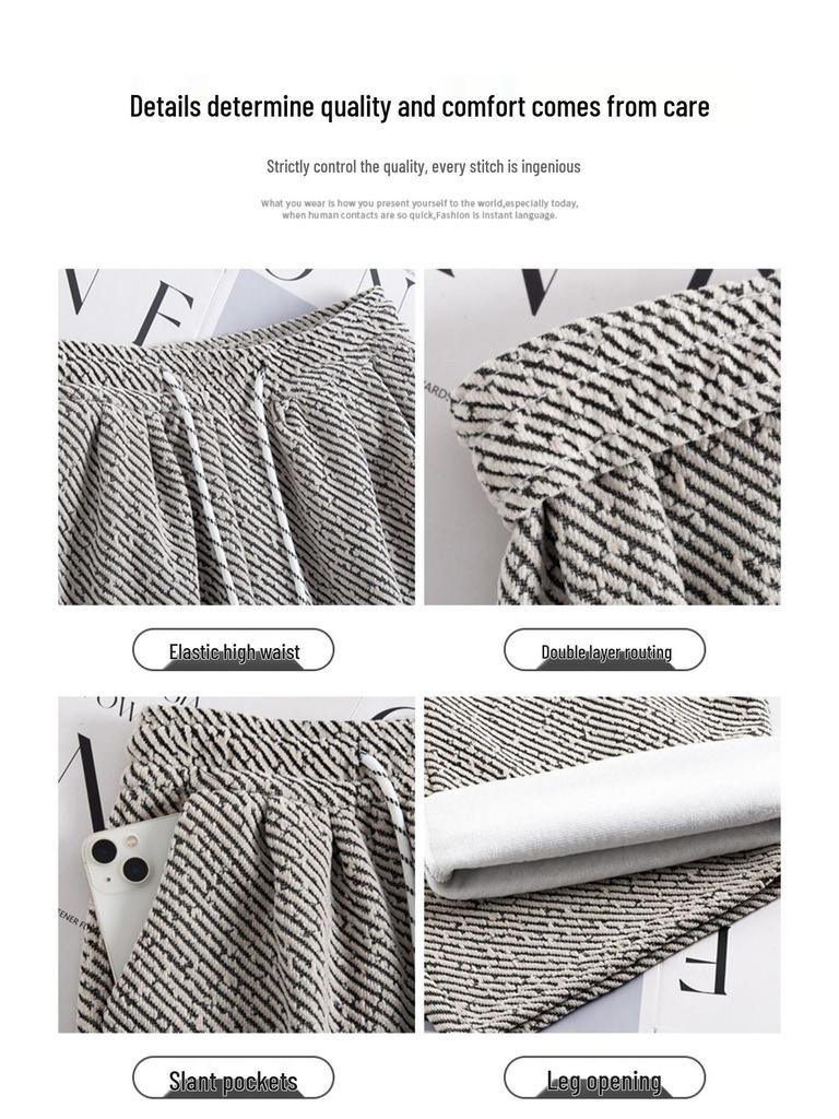 Women's Striped Wide-Leg Wool Pants, Spring/Autumn 2025: Loose, Casual, Drapey Twill with Silver Thread Detailing.