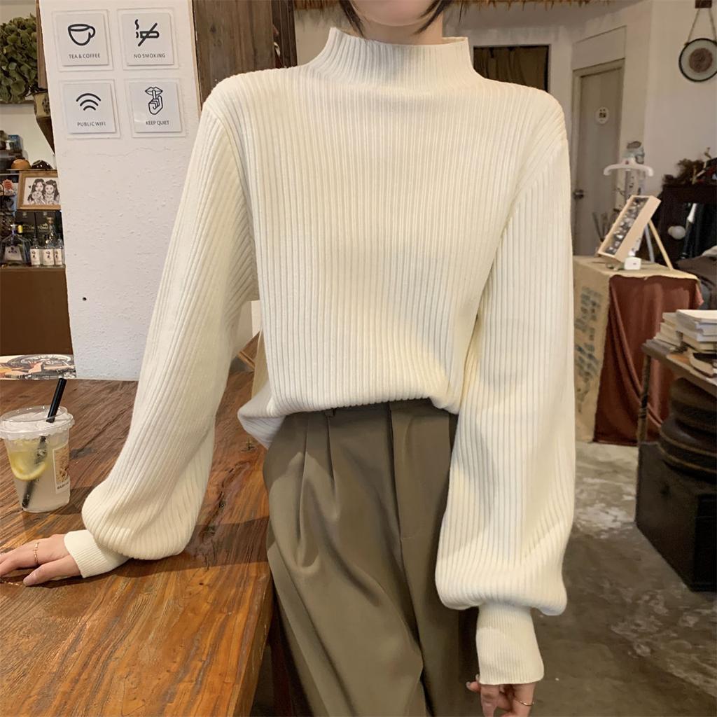 Semi-turtleneck lazy loose bottomed sweater women's autumn and winter interior chic lantern sleeve knitted top