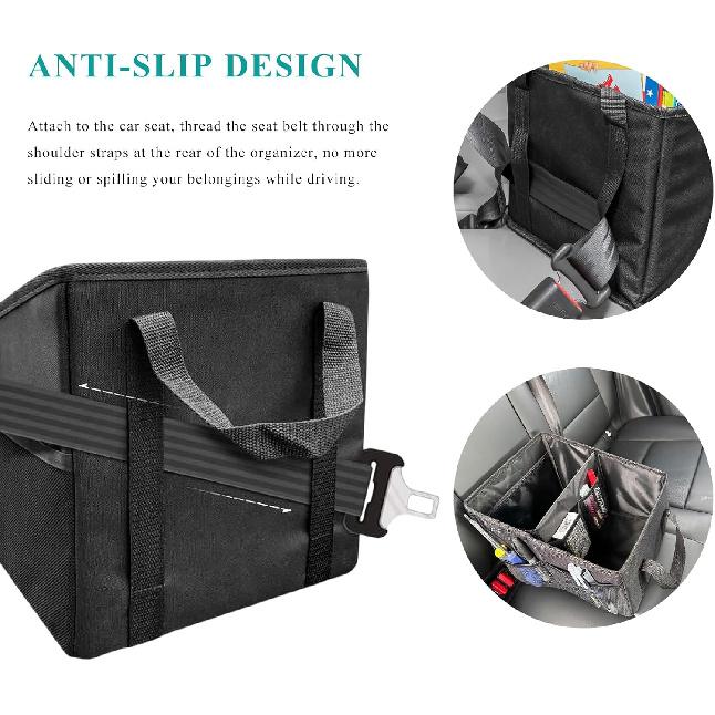Car Seat Organizer, Collapsible Passenger Seat Organizer with Detachable Divider & Handle, Multiple-Pocket Car Storage Organization for Console Floor