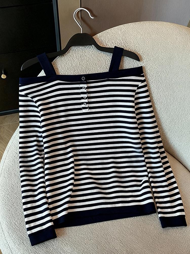 Striped Off-Shoulder Camisole Long-Sleeve T-Shirt for Women - Slim Fit Autumn Layered Top