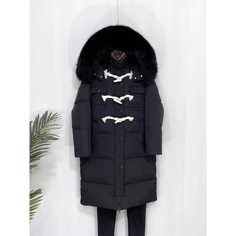 

New horn buckle down cotton clothes women s medium and long fashionable loose thickened large fur collar winter coat S