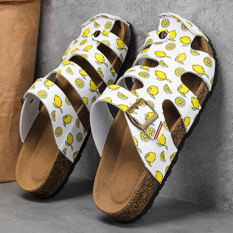 Men Fashion Cork Slippers Print Slides Slip On Sandals Summer Casual Shoes Microfiber Leather