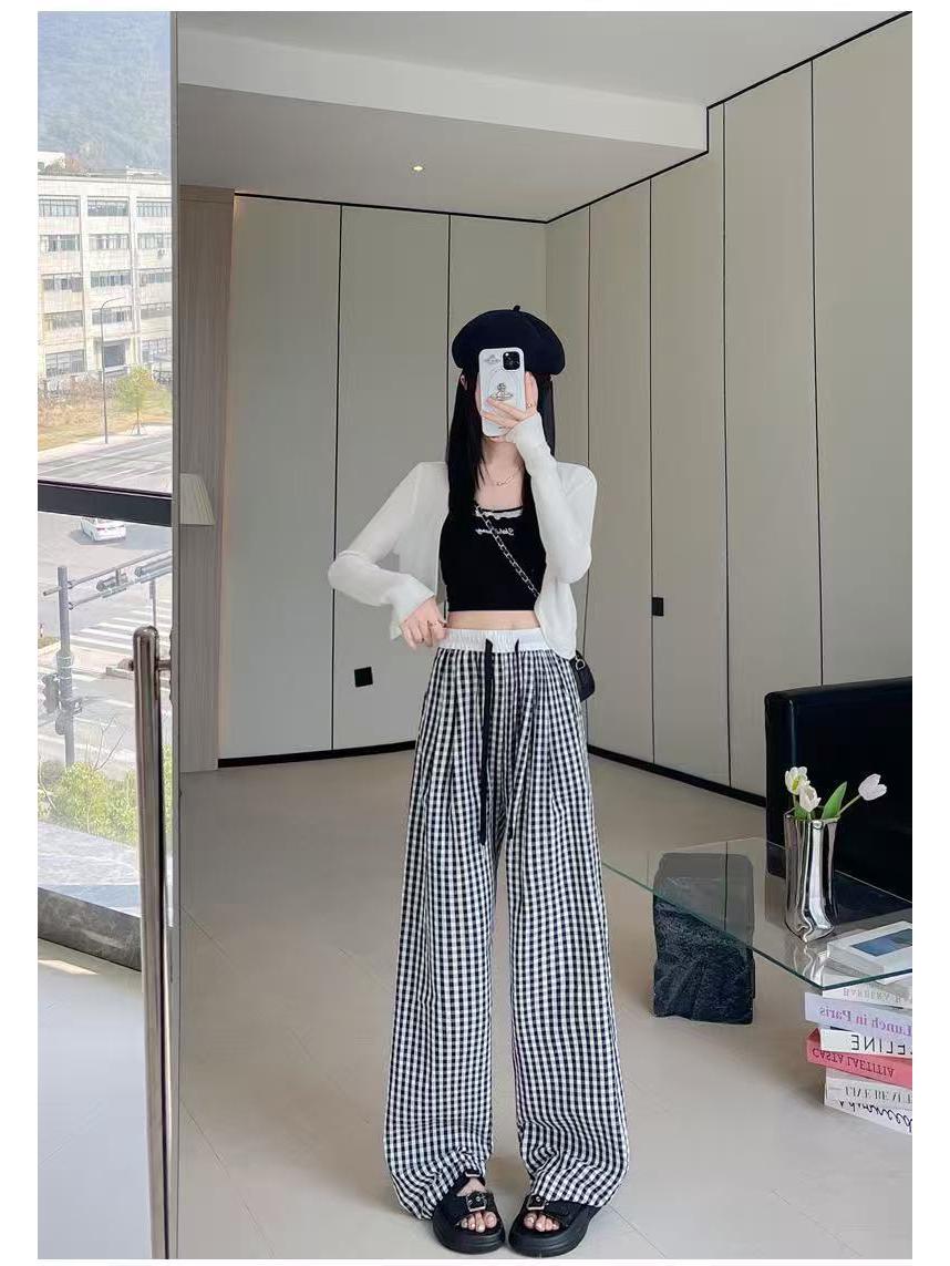 

Women s High-Waist Color-Block Plaid Drawstring Pants, Loose Wide-Leg Floor-Length Style One Size (Fits 80-130 jin)