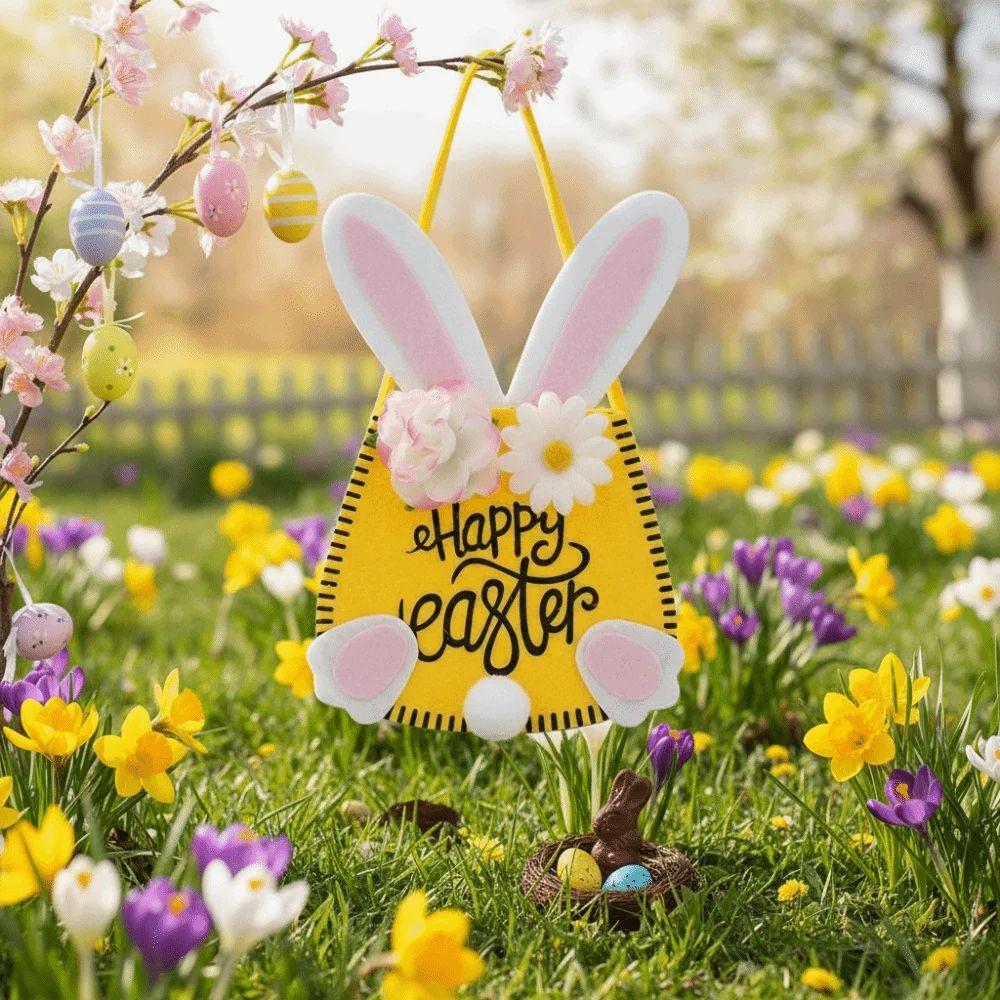 Portable Cloth Easter Tote Bag Rabbit Ear Shape Flowers Decoration Rabbit Ear Basket Bunny Decoration Basket Easter Celebration