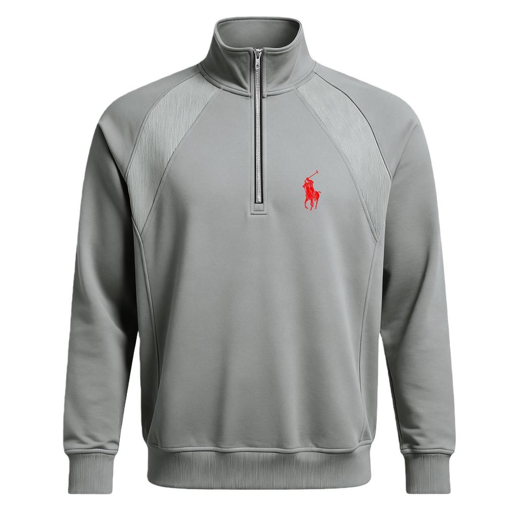 Autumn Men's Versatile Printed POLO Stand Collar Half-Zip Plus Velvet Casual Sports Sweatshirt Jacket
