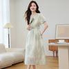 Fashion High Waist Summer Dress Floral Print Chinese Style Midi Short Sleeve