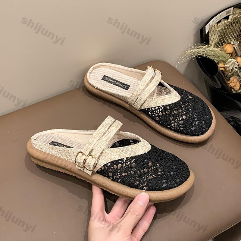 Large Size Women's Sandals Summer Hollow Breathable Vintage Slippers Lightweight Comfortable Fashion Buckle Strap Casual Flats