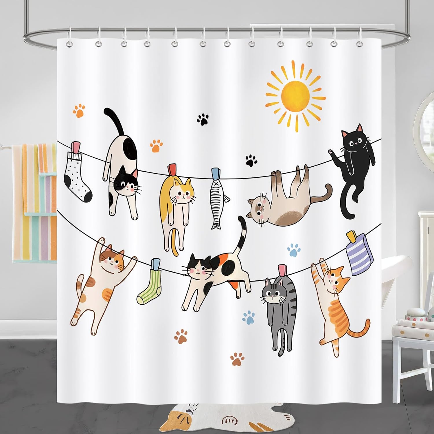 

Cute Cat Shower Curtain - Playful Kitten On Clothesline Kids Decor - Washable Fabric Curtain - Cat Lover Bathroom Accessories W60H190(CM)-1 Pcs