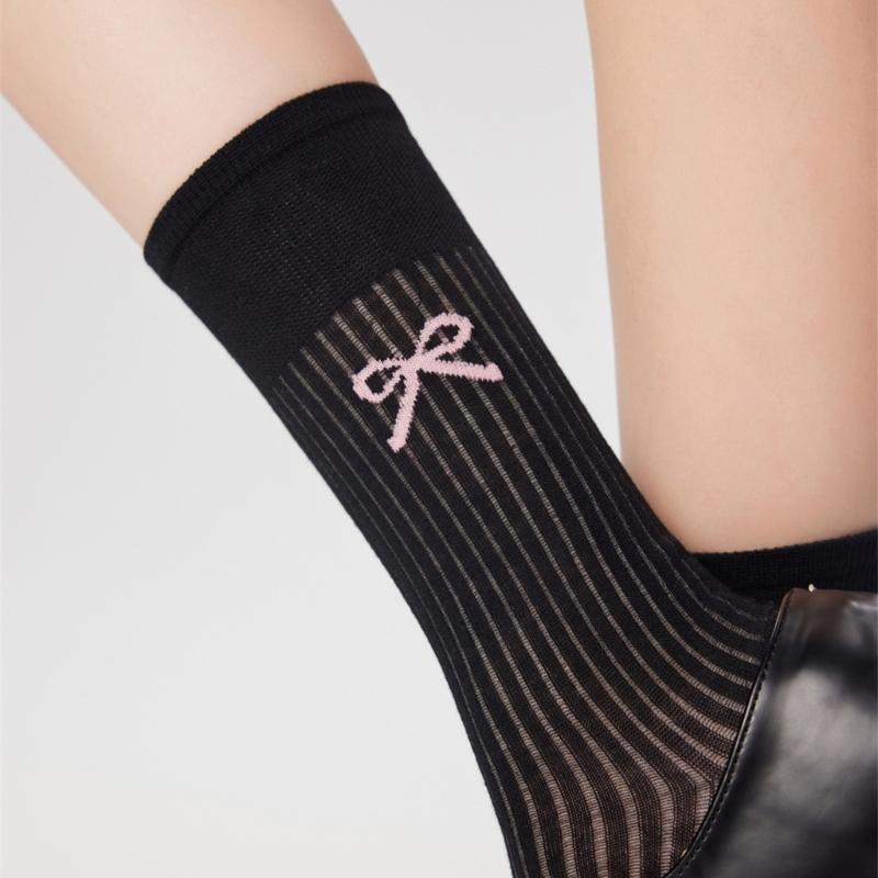 Cute Bowknot Pattern Long Calf Length Socks for Women and Girls Breathable Mesh Ribbed Student Cotton Stockings Hosiery
