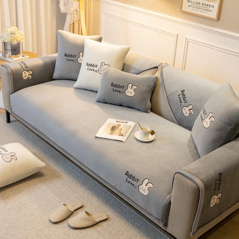 

Cartoon Rabbit Sofa Cushion, New Solid Color Embroidered Seat Cushion, All-Season Chenille Cover, Non-Slip Armrest Cover 70*70cm