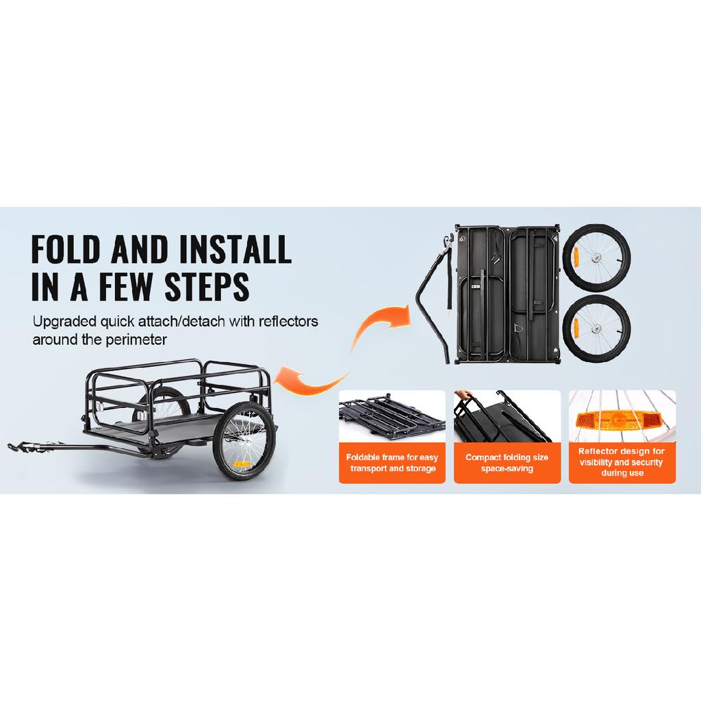 SucceBuy Remolque de Carga para Bicicleta de 160 lbs Plegable para Almacenamiento Carrito de Carro de Bicicleta con Ruedas de 16" Reflectores de Seguridad Se Adapta a Ruedas de Bicicleta de 22"-28"