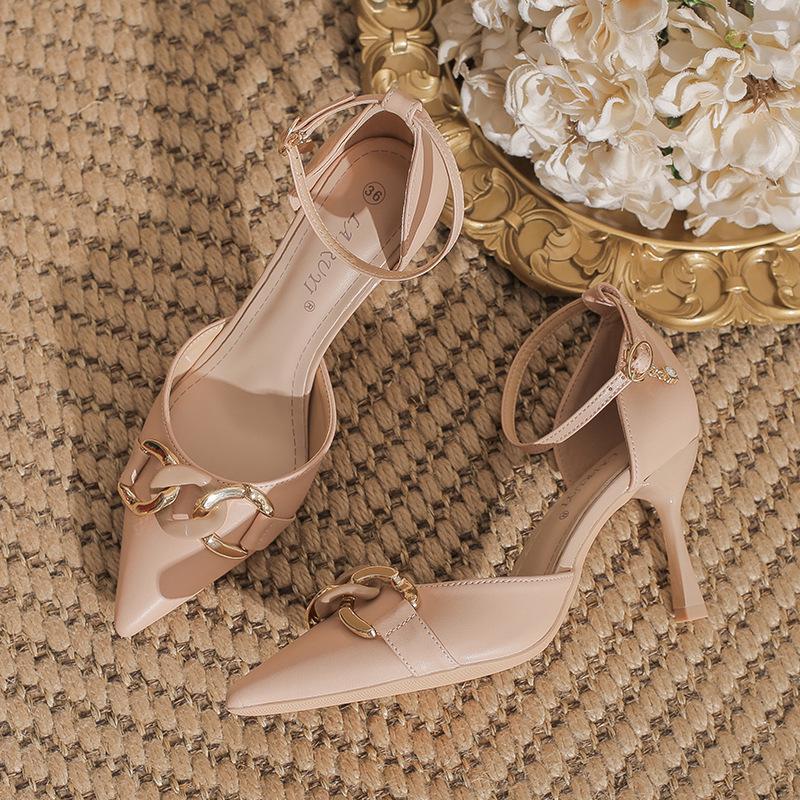 Zyp-LQ Women's Stiletto Pointed Toe Heels, Microfiber Leather, Chain Buckle, Sizes 31-44