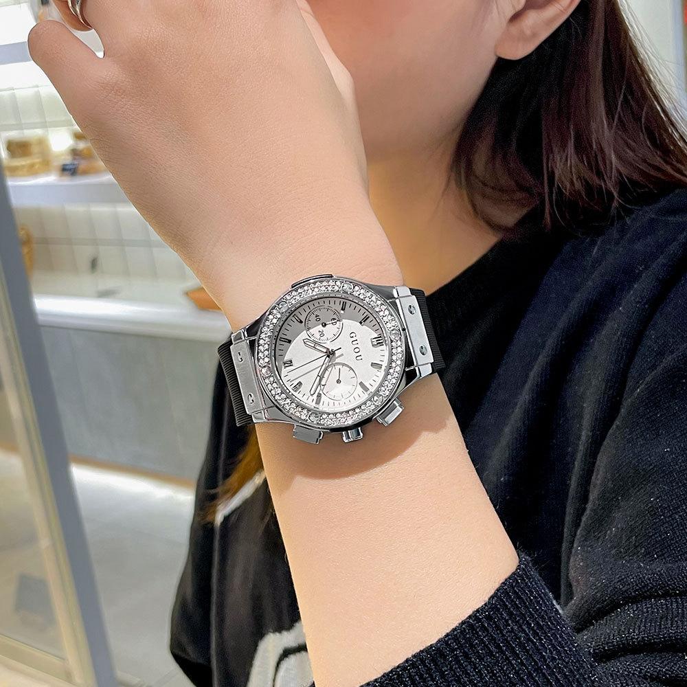 Women's Watch Ins Style Personality Simple Silicone Strap Simple Multifunctional Calendar Rhinestone Women's Watch