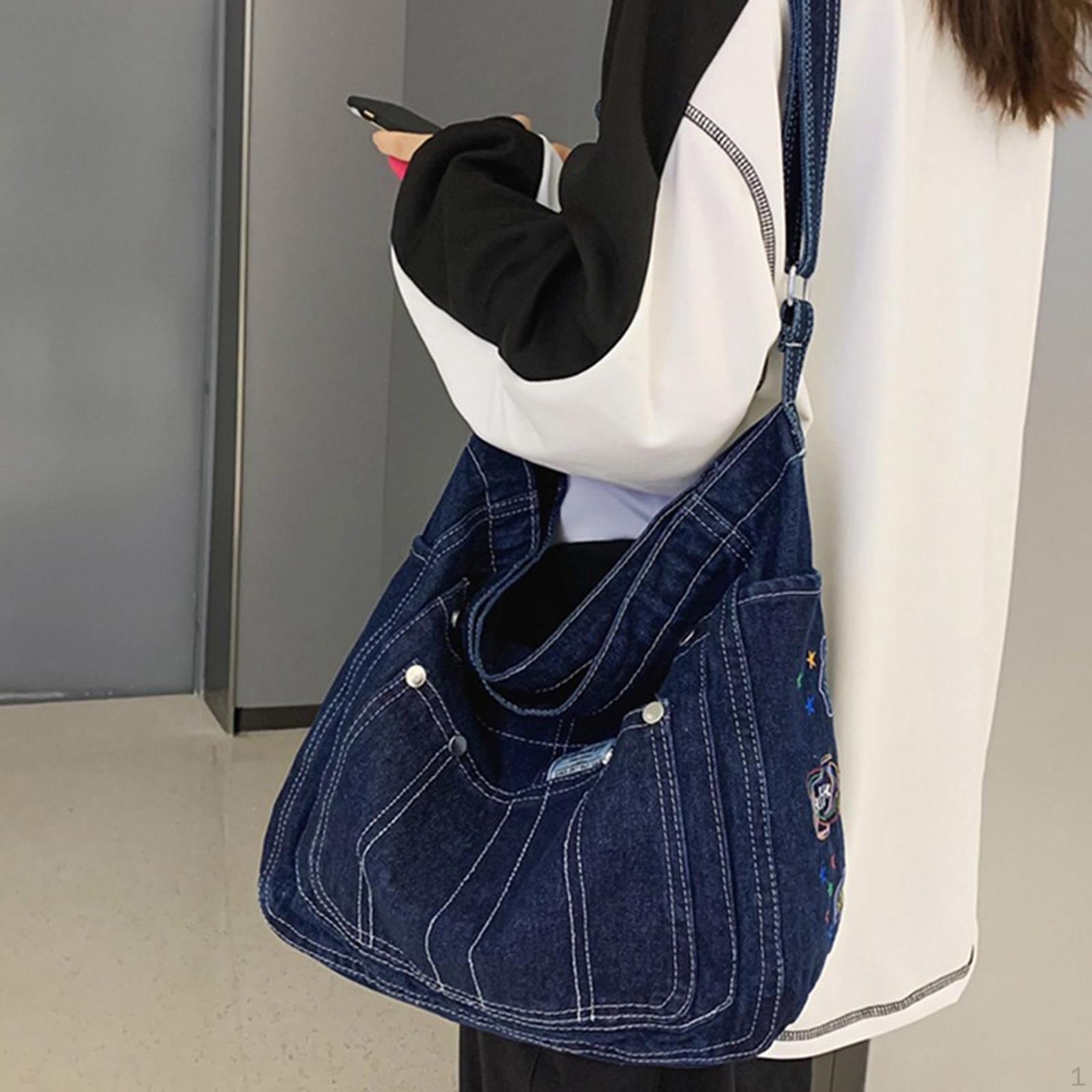 Джинсовая сумка через плечо Стильная сумка-тоут на молнии для путешествий в отпуск темно-синий