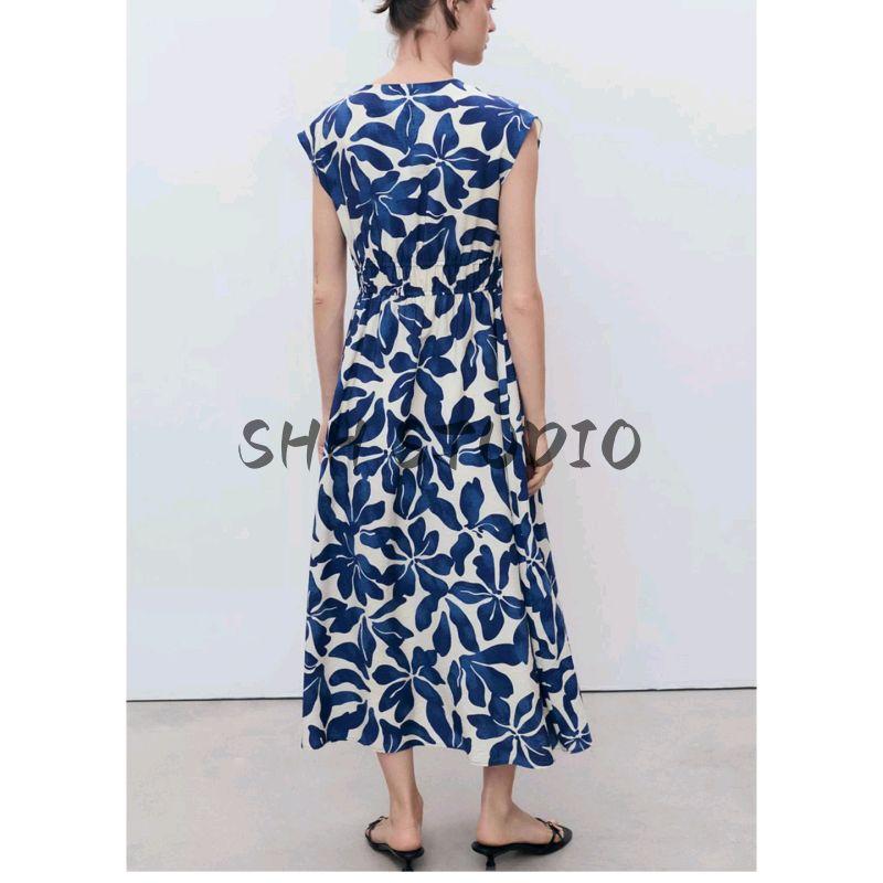Summer New Product Women's Clothes Vacation Style V Neck Sleeveless Ruched Waist Flower Print Dress 17031161
