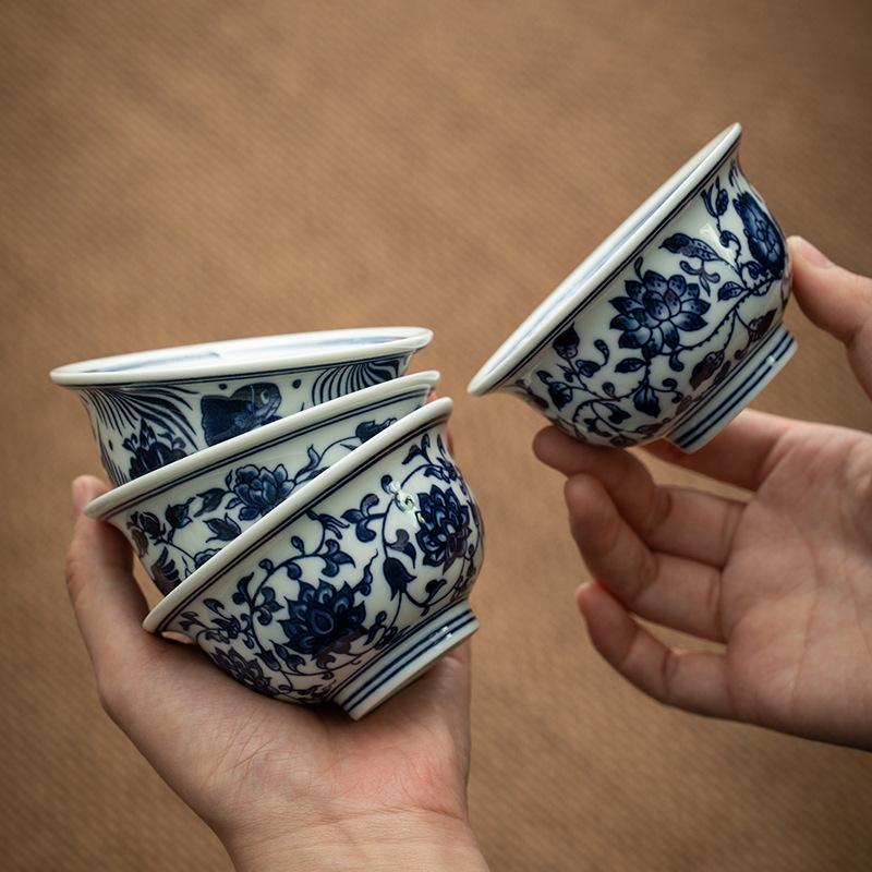 Ceramic Blue and White Underglaze Large Master Single Tasting Kung Fu Tea Bowl Retro Handheld Cup Wholesale