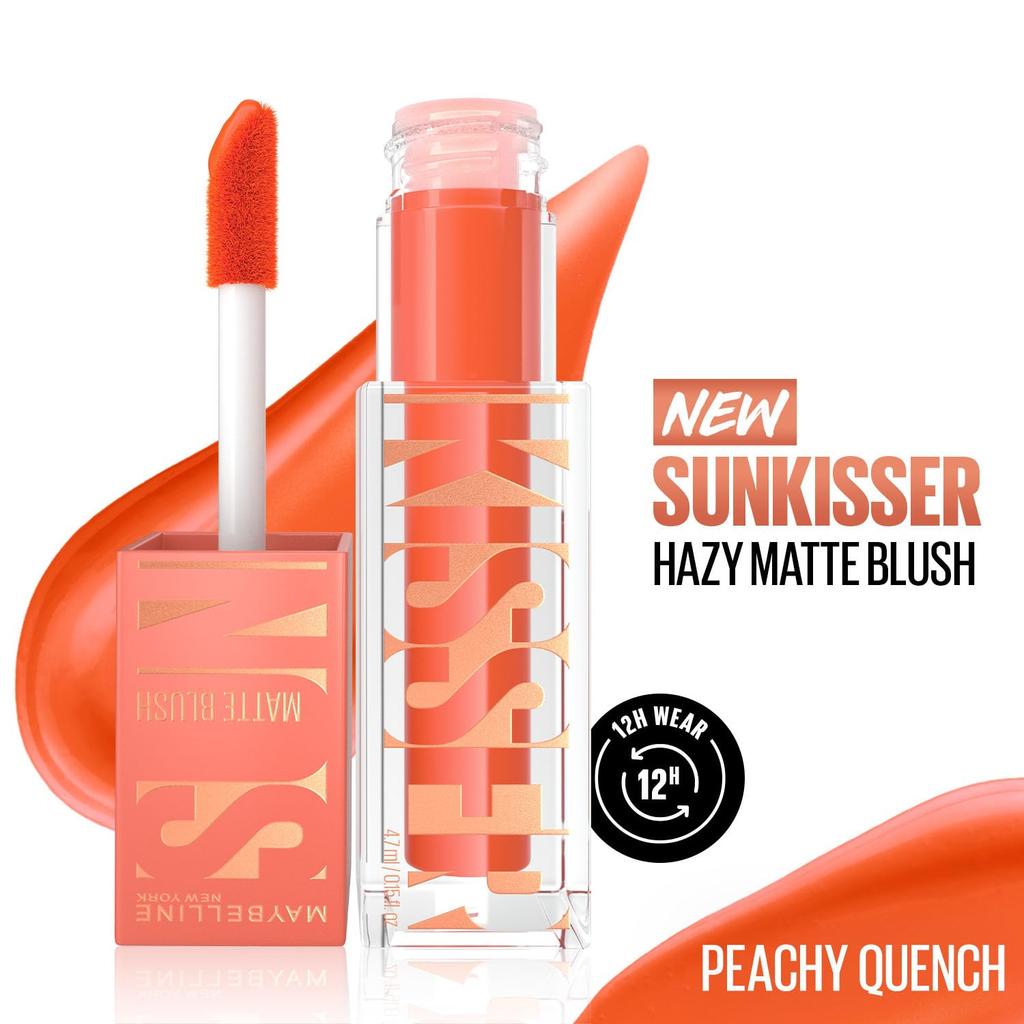 Maybelline New York Sunkisser Hazy Matte Blush Peachy Quench 34, 12H Liquid Cheek Color Lightweight Blendable 4.7ml Pack For Radiant Glow