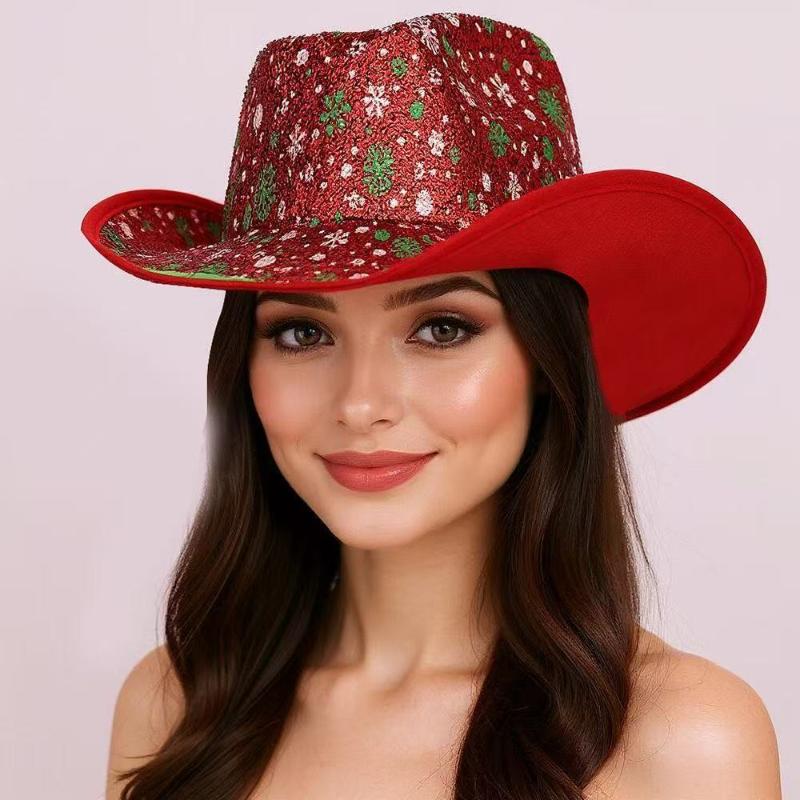 Red Christmas Cowboy Hat Santa Claus Decoration Holiday Party Props Wide Brim Cowgirl Hat Jazz Hat