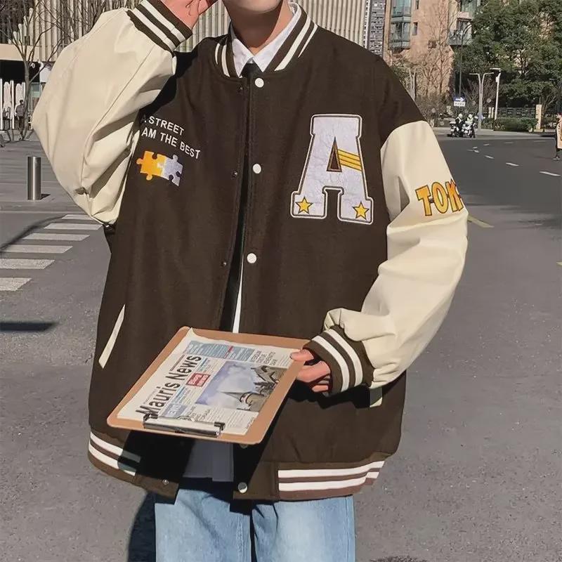 Men's Retro High Street Baseball Jacket: Autumn Fashion, Contrast Stitching, Loose Fit with Letter Embroidery