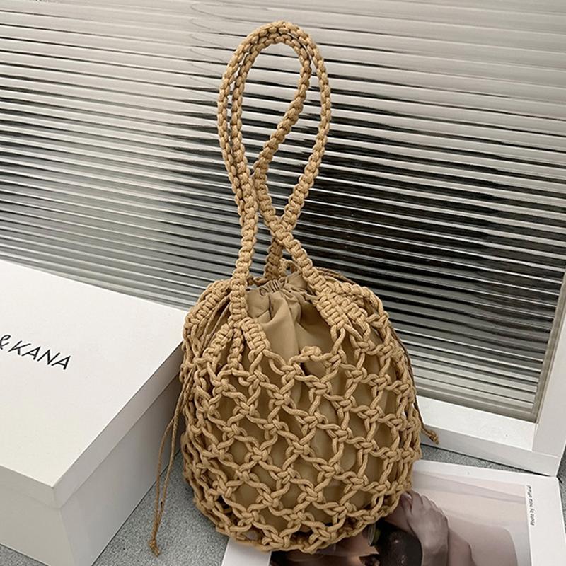 Yogodlns Geantă țesătă din paie cu design mic pentru femei, geantă nouă de vară de calitate superioară, geantă cu găleată de apă, geantă de plajă occidentalizată