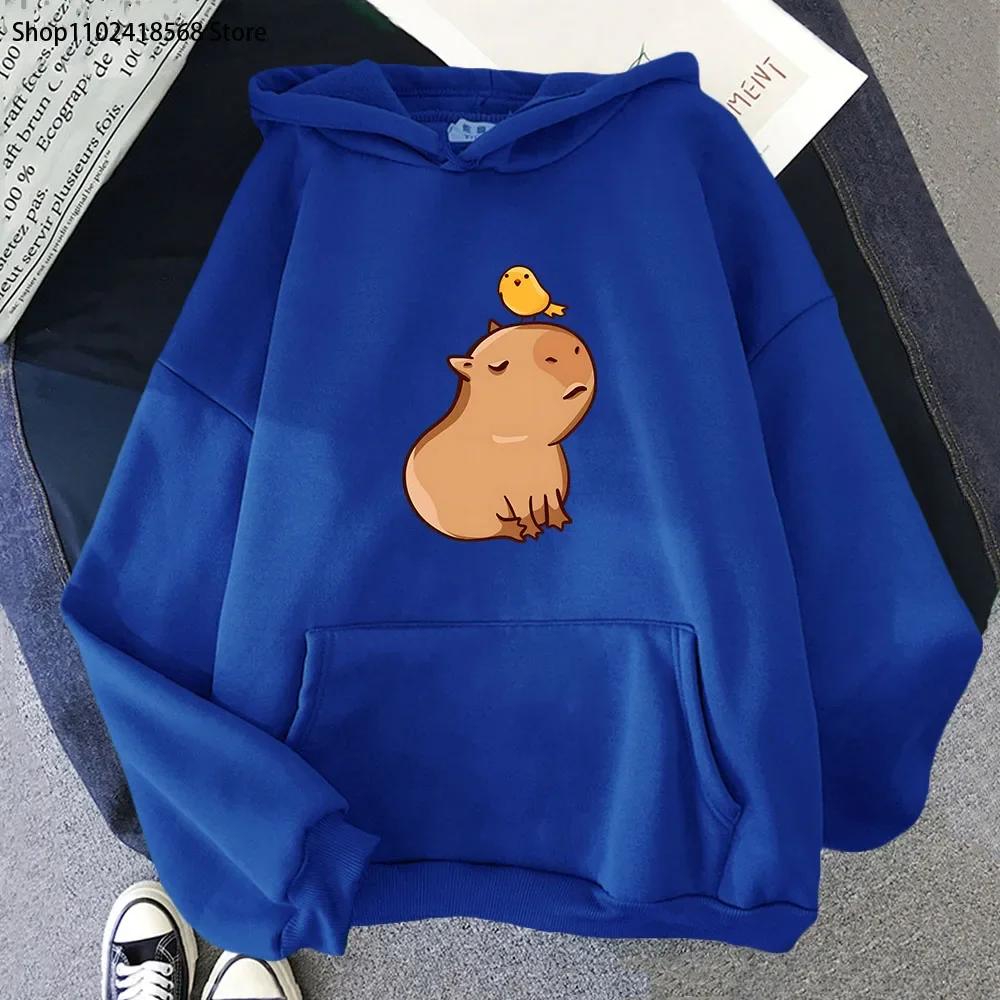 Cartoon Capybara with His Bird Friend Hoodies Women's Kawaii Animal Graphic Sweatshirt Men Tops Clothes