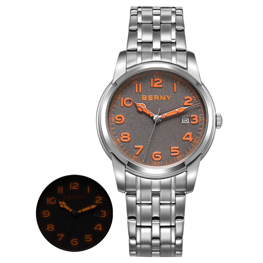 AUQ1 BERNY Watches for Men Calendar Date Luminous Quartz Watch S/S Fashion Classic Sports Easy Read Outdoor Men's Wristwatch